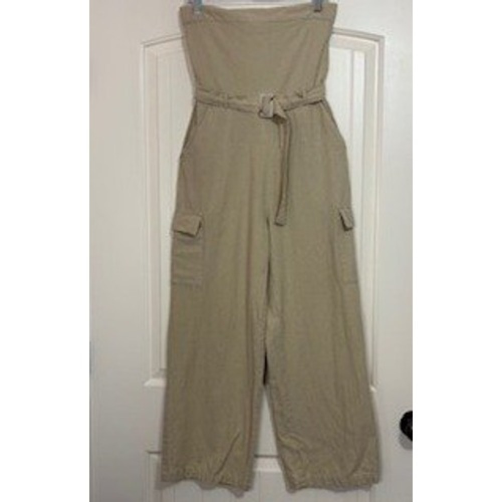 Women's Strapless Cargo Jumpsuit Beige Belted Wide Leg Linen Blend Smocked Back